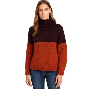 Artisan Hand-Knit Chunky Colorblock Sweater Rust Plum Funnel Neck Size S/M